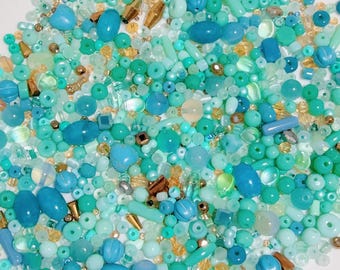 Coastal Boho (Vol.Mar26) Premium Glass Bead Mix with FREE Storage Box 30/50/100g. Turquoise Teal Gold beads for DIY Jewelry and Craft Making