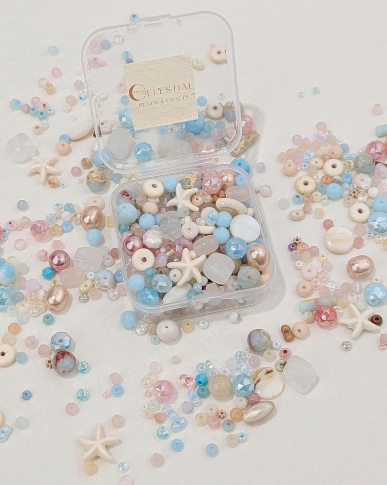 Costal Sorbet Glass Bead Mix with Shell Gemstone Accents in Storage Box. Pastel Beach Mix for Jewelry Making, Creative DIY Crafts 30,50,100g image 3