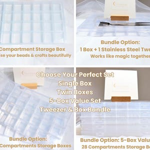 Peut inclure: Plusieurs bo&icirc;tes de rangement en plastique transparent avec compartiments sont pr&eacute;sent&eacute;es. Elles sont con&ccedil;ues pour organiser les perles et les travaux manuels. L'image montre &eacute;galement une option group&eacute;e avec une pince &agrave; &eacute;piler en acier inoxydable.