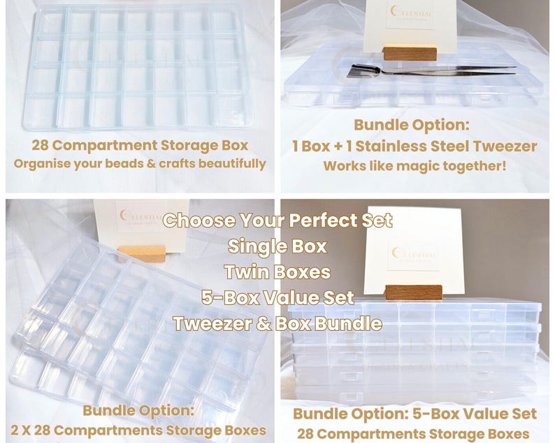 Peut inclure: Plusieurs bo&icirc;tes de rangement en plastique transparent avec compartiments sont pr&eacute;sent&eacute;es. Elles sont con&ccedil;ues pour organiser les perles et les travaux manuels. L'image montre &eacute;galement une option group&eacute;e avec une pince &agrave; &eacute;piler en acier inoxydable.