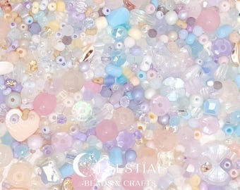 Signature Pastel Coastal Glass Bead Mix with Gemstone Accents in Storage Box. Romantic Sweet for Jewelry Making & Creative Crafts 30,50,100g