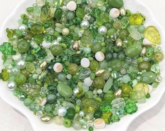 Woodland Veil Glass Bead Mix with gemstones accents in Storage Box. Earthy Green & Botanical Beads for Jewelry Making, DIY Crafts 30,50,100g