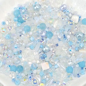 Snow Queen Glass Bead Mix with clear quartz & shell accents in Storage Box. Clear, baby blue beads for Jewelry Making, DIY Crafts 30,50,100g