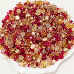 Leo Zodiac Glass Bead Mix with Gemstone Accents in Storage Box. Ruby Red, Gold & Champagne Celestial Bead Soup - Jewelry Making, DIY Crafts