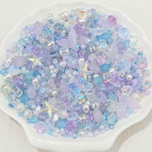 Opaline Reef Glass Bead Mix with gemstones accents in Storage Box. Luxe Ocean Mermaid Purple Blue Coastal Bead Soup for Jewelry Making, DIY