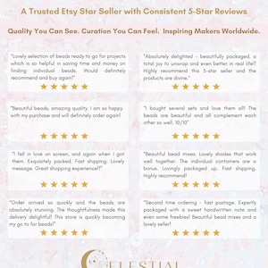 May include: Promotional image for Celestial Beads & Crafts, an Etsy shop. The image showcases customer reviews with 5-star ratings, emphasising quality and service. The shop's logo and tagline are also visible.