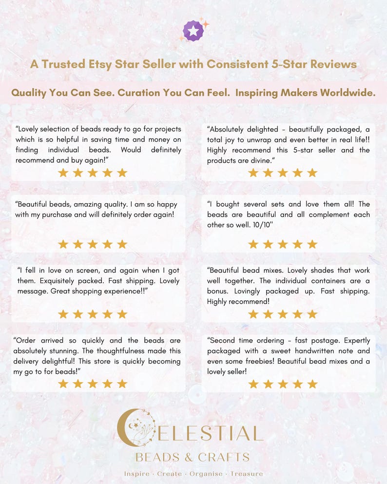 May include: Promotional image for Celestial Beads & Crafts, an Etsy shop. The image showcases customer reviews with 5-star ratings, emphasising quality and service. The shop's logo and tagline are also visible.