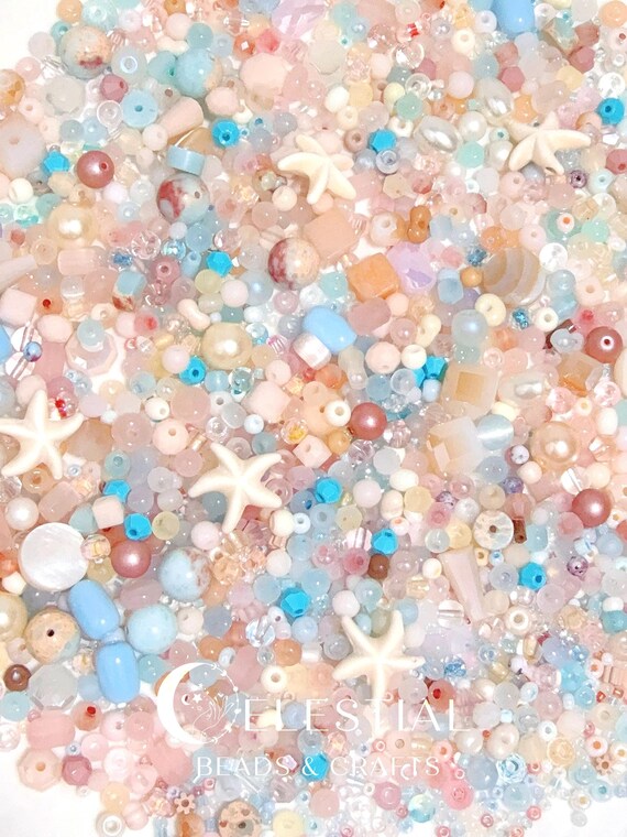 Costal Sorbet Glass Bead Mix with Shell Gemstone Accents in Storage Box. Pastel Beach Mix for Jewelry Making, Creative DIY Crafts 30,50,100g