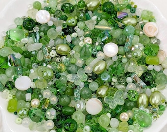 Woodland Veil Glass Bead Mix with gemstones accents in Storage Box. Earthy Green & Botanical Beads for Jewelry Making, DIY Crafts 30,50,100g
