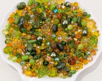 Sunflower Grove Glass Bead Mix with gemstones accents in Storage Box. Warm Orange Green Bead Soup for Jewelry Making, DIY Bracelets, Crafts
