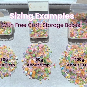 various sizes of craft storage boxes filled with colorful beads, showcasing different amounts of beads in each box.