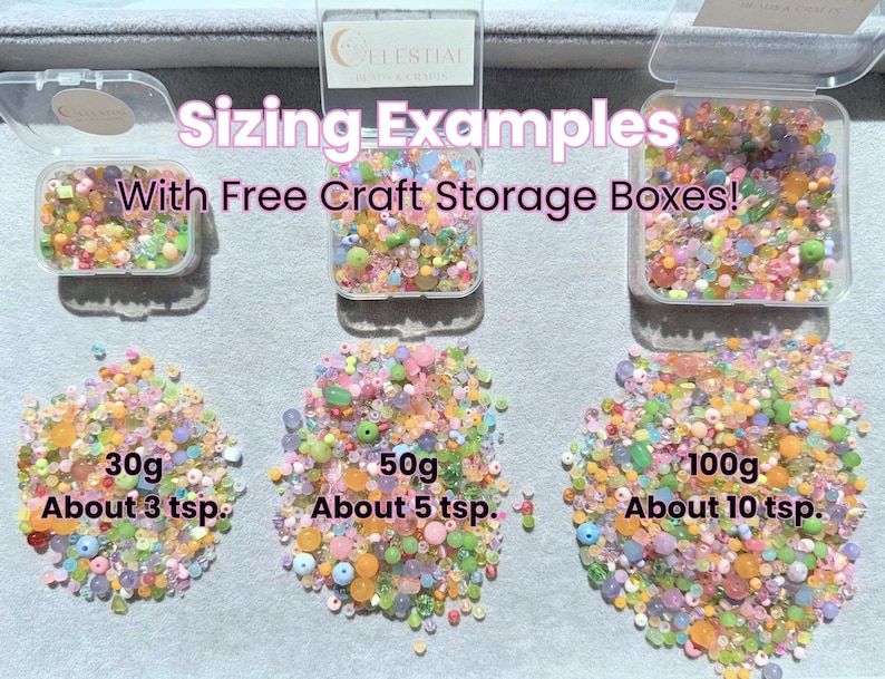 various sizes of craft storage boxes filled with colorful beads, showcasing different amounts of beads in each box.