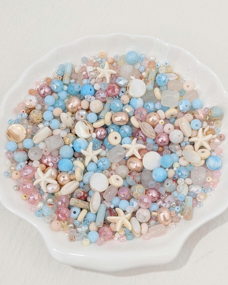 Costal Sorbet Glass Bead Mix with Shell Gemstone Accents in Storage Box. Pastel Beach Mix for Jewelry Making, Creative DIY Crafts 30,50,100g image 1
