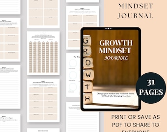 Peut inclure: Une couverture de journal numérique avec des blocs de bois qui épellent "GROWTH" et le texte "GROWTH MINDSET JOURNAL" en texte brun. Le journal contient 31 pages et comprend 12 exercices de changement de vie.