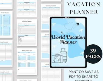 Printable World Vacation Planner: Travel Itinerary, Budget, Packing List (Digital Download)