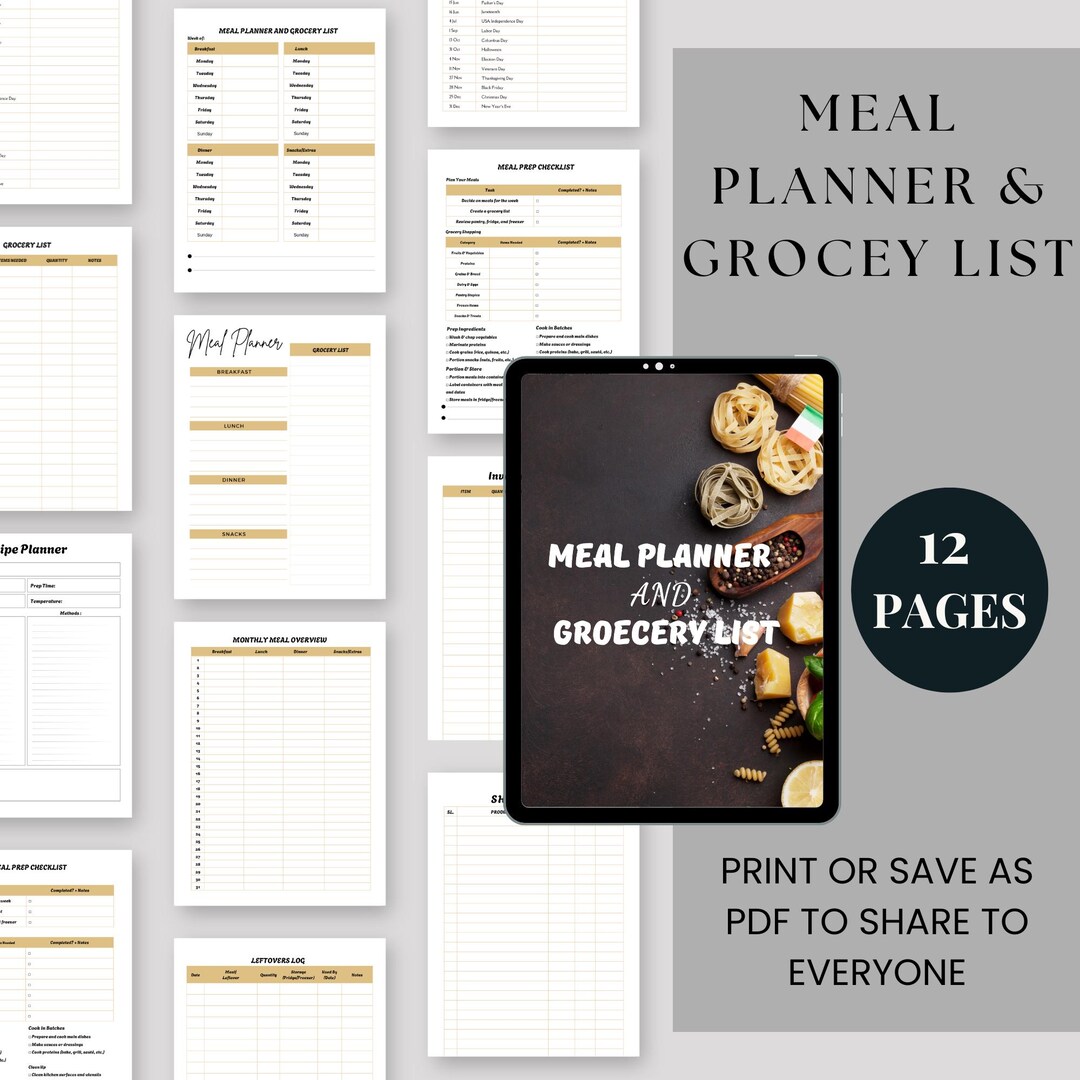 Printable Meal Planner & Grocery List: Weekly Food Organizer (digital ...