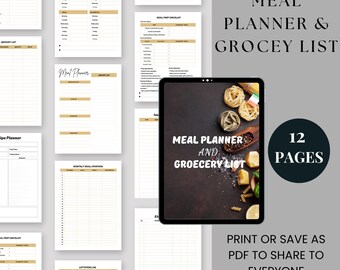 Printable Meal Planner & Grocery List: Weekly Food Organizer (Digital PDF Download)