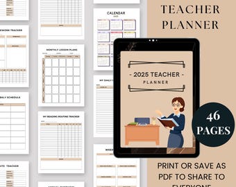 May include: A digital planner for teachers with 46 pages. The cover features a cartoon teacher holding a book and standing in front of a desk with a laptop and a plant. The text on the cover reads "2025 Teacher Planner".
