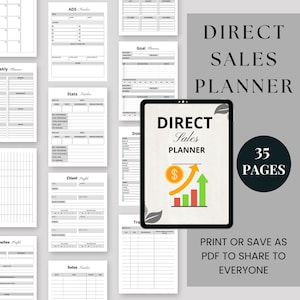 May include: A digital planner for direct sales professionals. The cover features a green leaf design and a graphic of a dollar sign with an upward arrow, representing growth. The planner includes 35 pages of printable worksheets for tracking sales, goals, and client information. The text "DIRECT Sales PLANNER" is displayed on the cover.