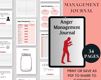 May include: A digital printable journal with 34 pages to help manage anger. The cover features a red silhouette of a person with their arms raised in frustration. The title "Anger Management Journal" is displayed in a bold, black font.