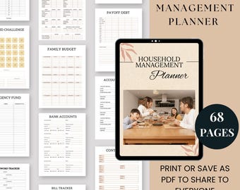 May include: A digital planner with 68 pages for household management. The cover features a family sitting at a table and the text "HOUSEHOLD MANAGEMENT Planner". The text "PRINT OR SAVE AS PDF TO SHARE TO EVERYONE" is at the bottom of the page.