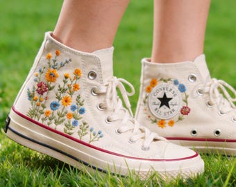 Custom Converse Embroidery Shoes, Small Flower Embroidered Converse 1970s, SunFlower Embroidery Sneakers Custom