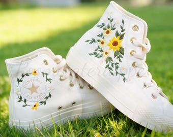Custom Converse Embroidery Shoes, Chunky-soled Converse sneakers,Sunflower Embroidery Sneakers Custom