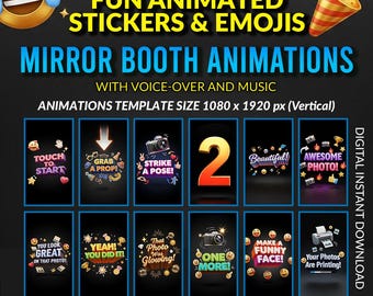 Spegelbåsanimationer | Roliga animerade klistermärken och emojis | 12 vertikala fotobåsöverlägg | Evenemangsfest