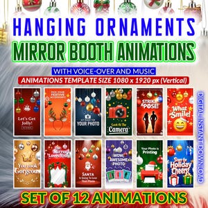 May include: A digital download graphic with 12 Christmas-themed mirror booth animations. Each animation has a festive design with text like "Let's Get Jolly!" and "Share the Holiday Cheers!" The animations are designed for a 1080 x 1920 px vertical format.