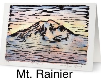 Mt. Rainier - woodblock - greeting card