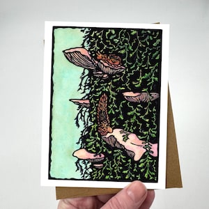 Vie de bryophyte - limaces et mousse - linogravure et aquarelle - carte de voeux