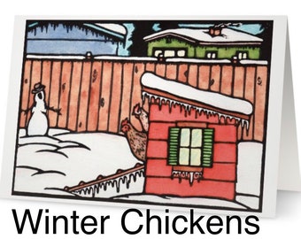 May include: A watercolor illustration of a red chicken coop with a snow-covered roof and icicles hanging from the eaves. Two chickens are visible inside the coop, and a snowman stands in the snow outside. The text "Winter Chickens" is written below the image.