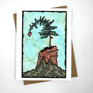 Jeune arbre - Lino découpé et aquarelle - carte de voeux