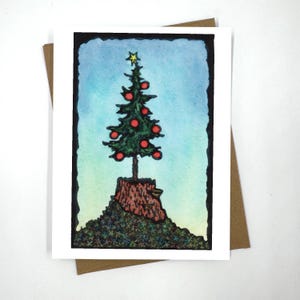 Jeune arbre de Noël - Linogravure et aquarelle - carte de voeux