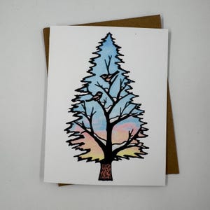 Jour de neige - gravure sur bois et aquarelle - carte de voeux