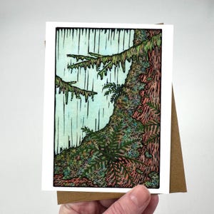 Arbre de forêt de mousse - Lino cut - carte de voeux