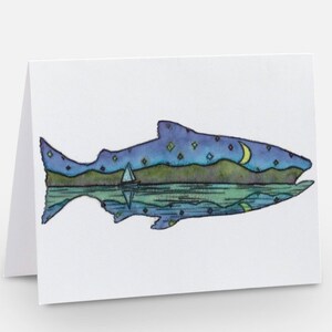 Adrift - Monoprint e aquarela - cartão de felicitações - peixe