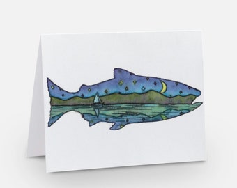 Adrift - Monoprint & watercolor - greeting card - fish