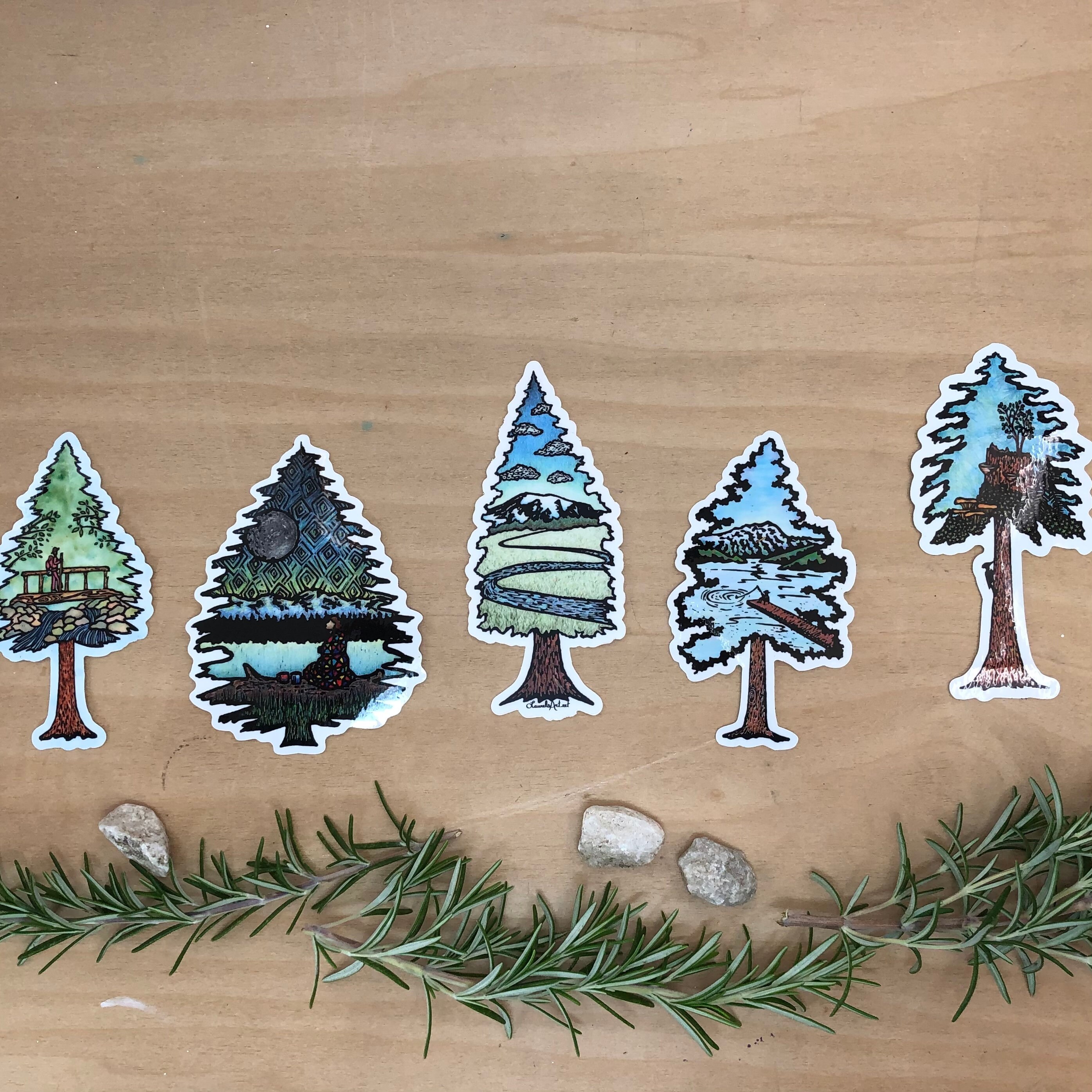 Woodblock Evergreen Tree Stickers Etsy