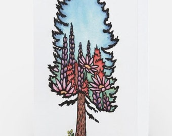 Wildflowers - woodblock & watercolor - greeting card