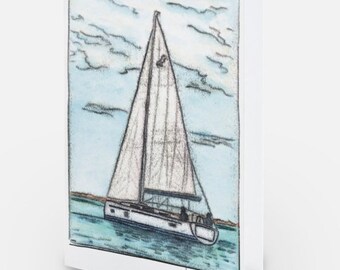 Sailboat - Monoprint & watercolor - greeting card