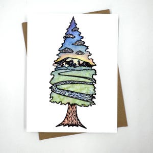 Rooted Mountain - xilogravura e aquarela - cartão de felicitações