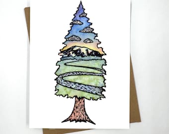 Rooted Mountain - woodblock & watercolor - greeting card