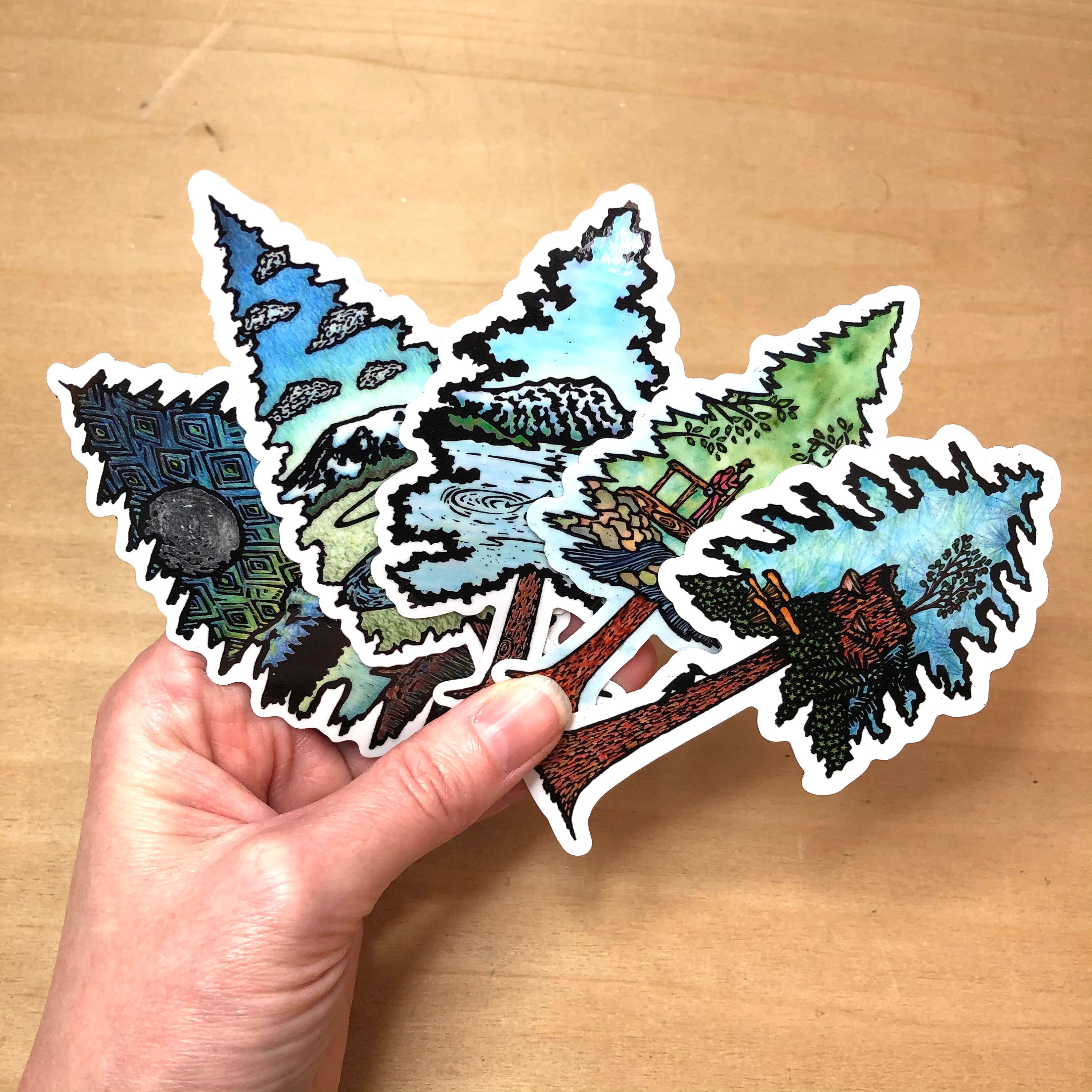 Woodblock Evergreen Tree Stickers Etsy