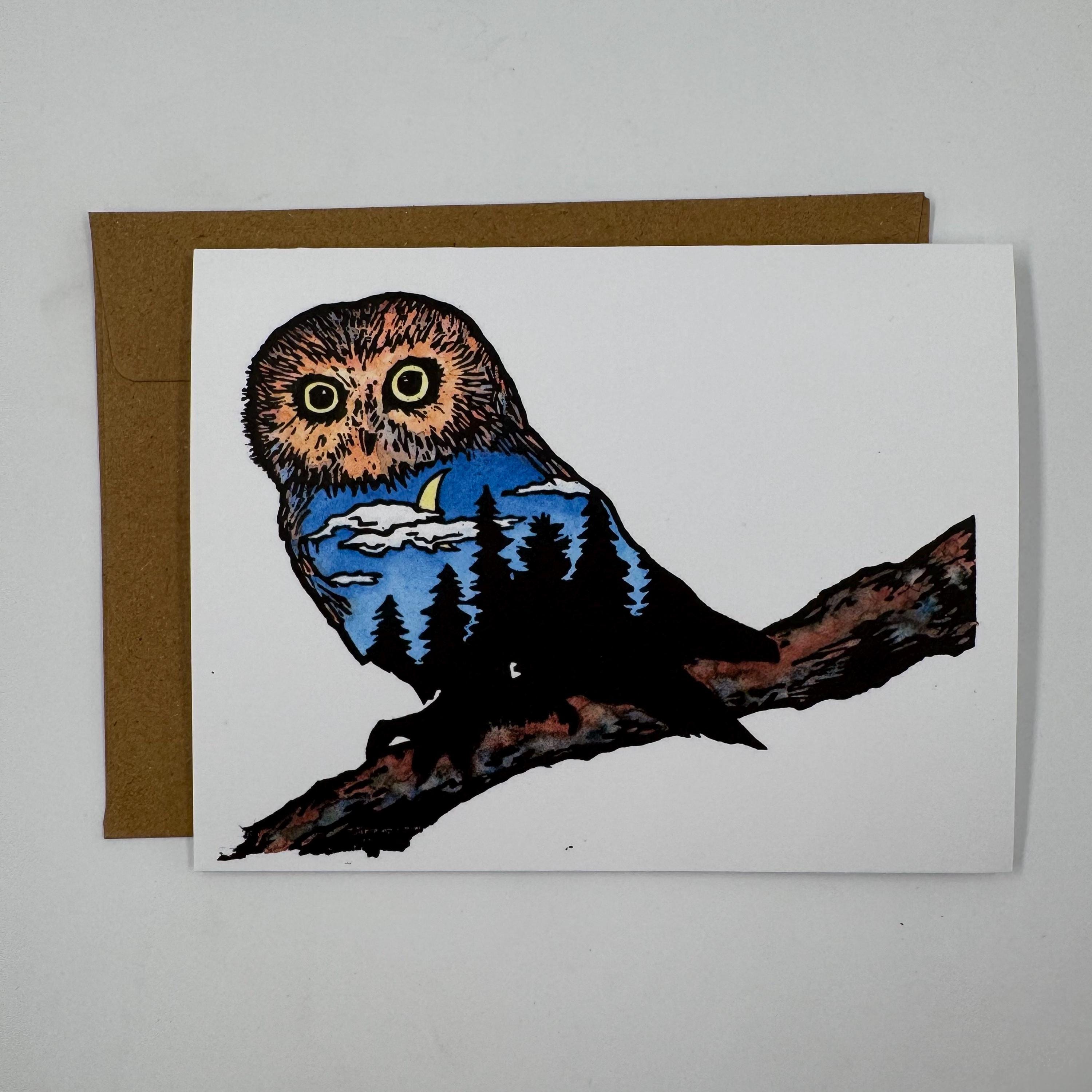 月 - フクロウ - 木版画と水彩画 - グリーティング カード - Etsy 日本