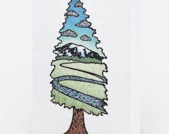 Rooted Mountain - woodblock & watercolor - greeting card