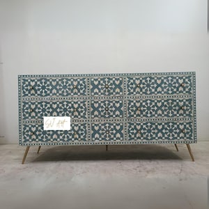 Handmade Teal Bone Inlay Chest of Drawers, Moroccan Bone Inlay Dresser, Bedroom Furniture, Geometric Storage Cabinet, Modern Boho Furniture