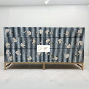 Handmade Bone Inlay Chest of Drawers, Striped and Floral Inlay Dresser, Bedroom Room Furniture, Storage Cabinet, Console Table