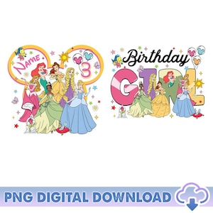 Personalized Princess Characters Birthday PNG, Disneyland Princess Birthday Girl Png, Aurora Snow White Belle Princess Png, Digital Download