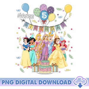 Personalized Princess Characters Birthday PNG, Disneyland Princess Birthday Boy Girl Png, Aurora Snow White Belle Princess, Digital Download